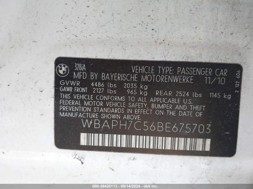 2011 BMW 328I I VIN: WBAPH7C56BE675703 Lot: 39420113