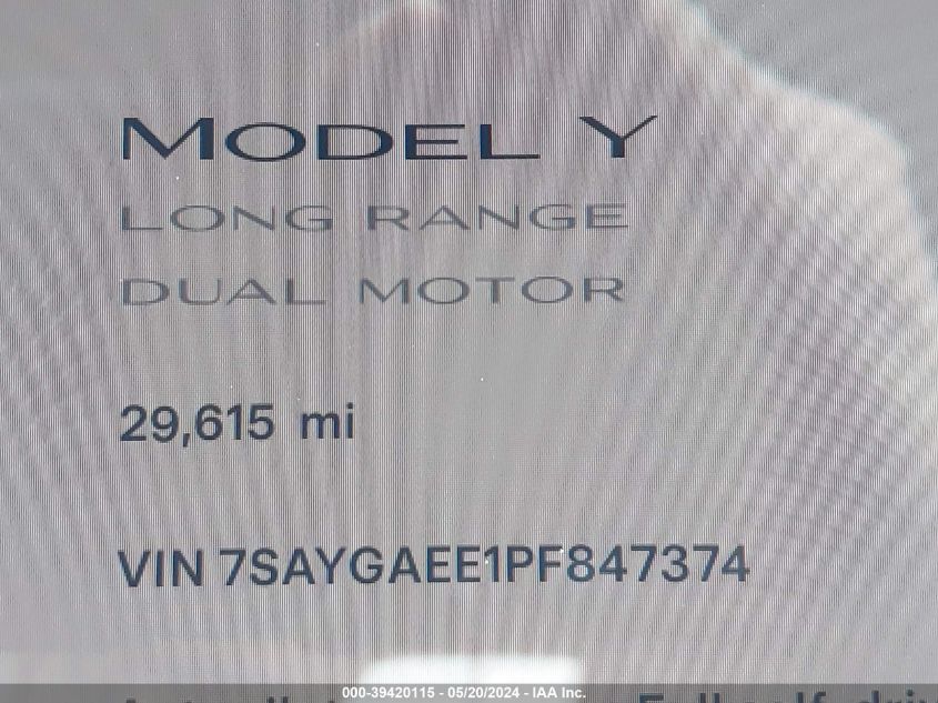 2023 Tesla Model Y Awd/Long Range Dual Motor All-Wheel Drive VIN: 7SAYGAEE1PF847374 Lot: 39420115