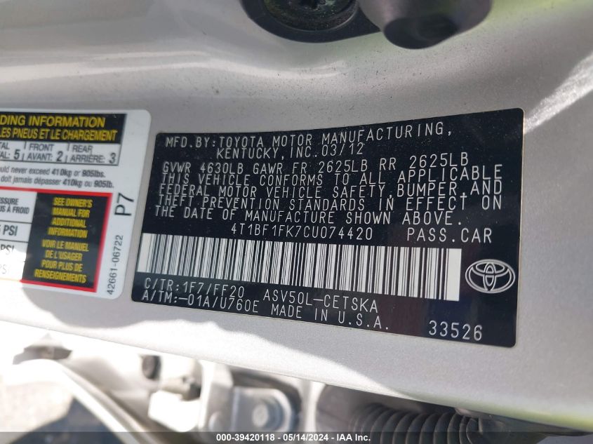 2012 Toyota Camry Se VIN: 4T1BF1FK7CU074420 Lot: 39420118