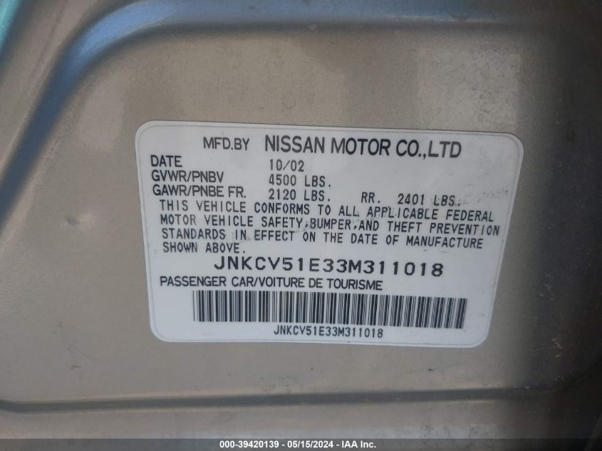 2003 Infiniti G35 Luxury Leather VIN: JNKCV51E33M311018 Lot: 39420139