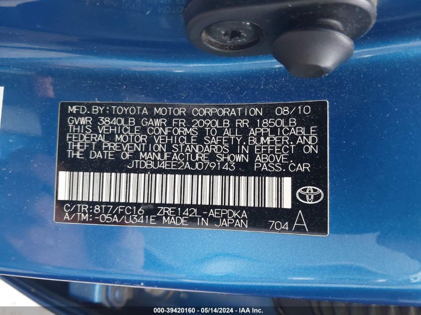 2010 Toyota Corolla Le VIN: JTDBU4EE2AJ079143 Lot: 39420160