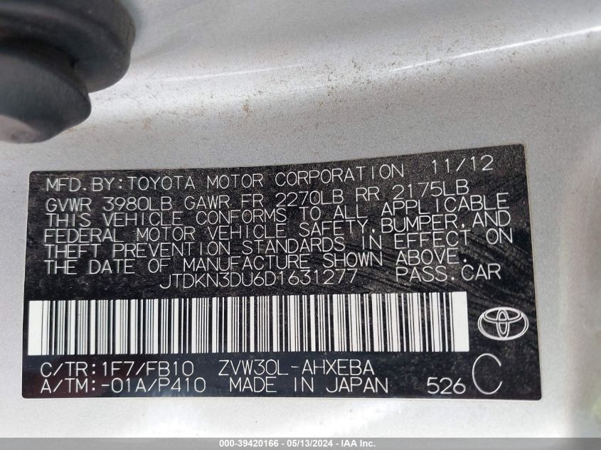 2013 Toyota Prius Three VIN: JTDKN3DU6D1631277 Lot: 39420166