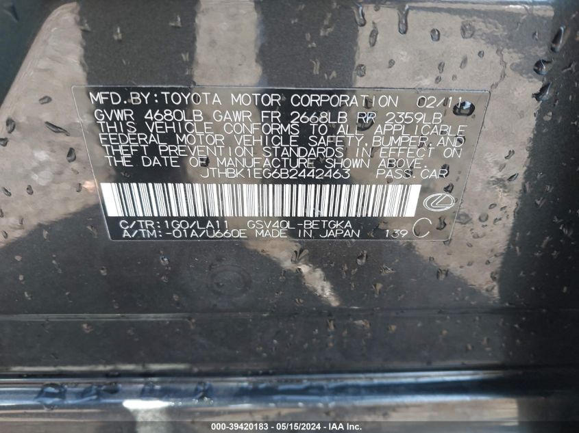 2011 Lexus Es 350 VIN: JTHBK1EG6B2442463 Lot: 39420183