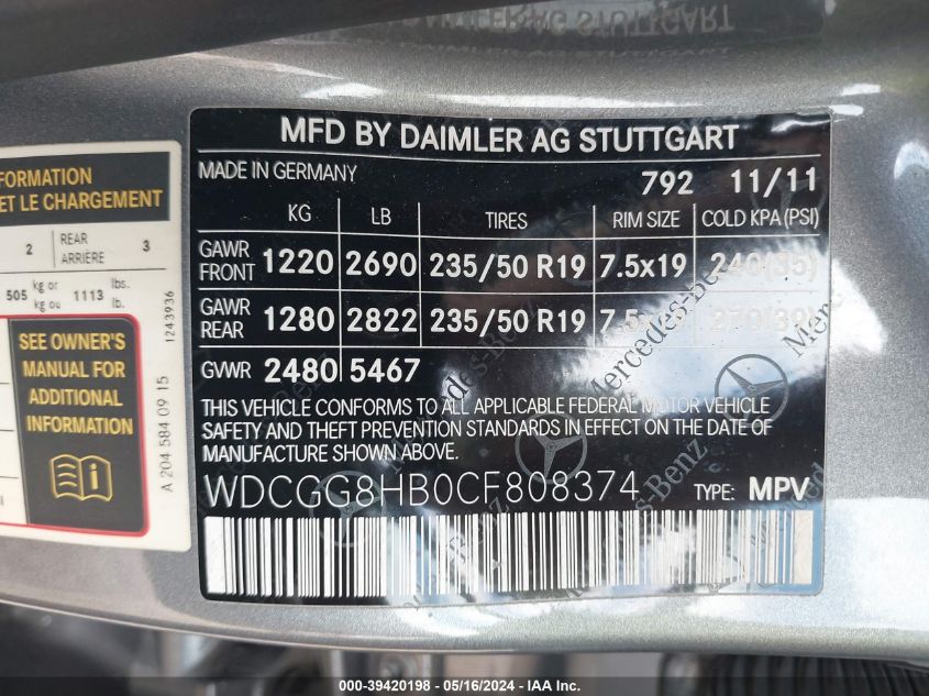 2012 Mercedes-Benz Glk 350 4Matic VIN: WDCGG8HB0CF808374 Lot: 39420198