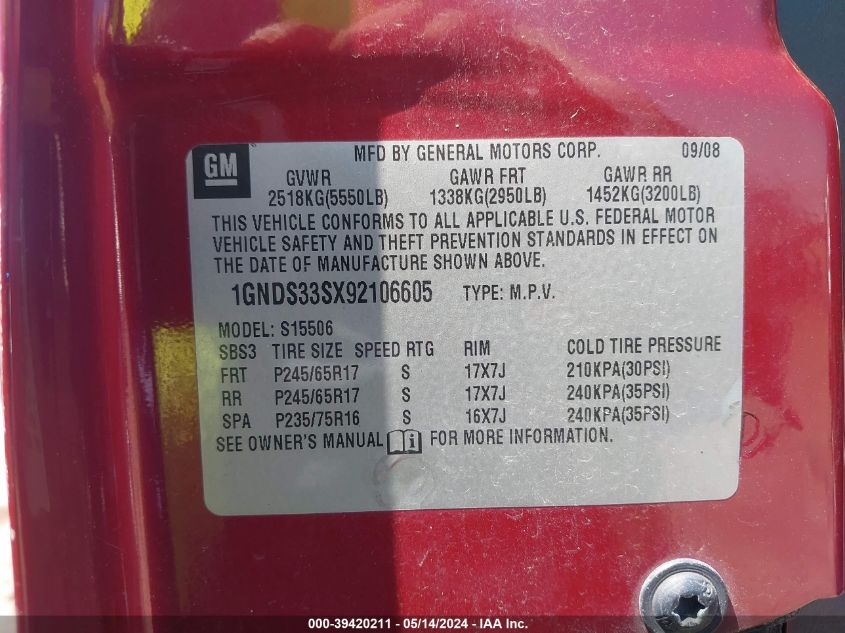 2009 Chevrolet Trailblazer Lt VIN: 1GNDS33SX92106605 Lot: 39420211