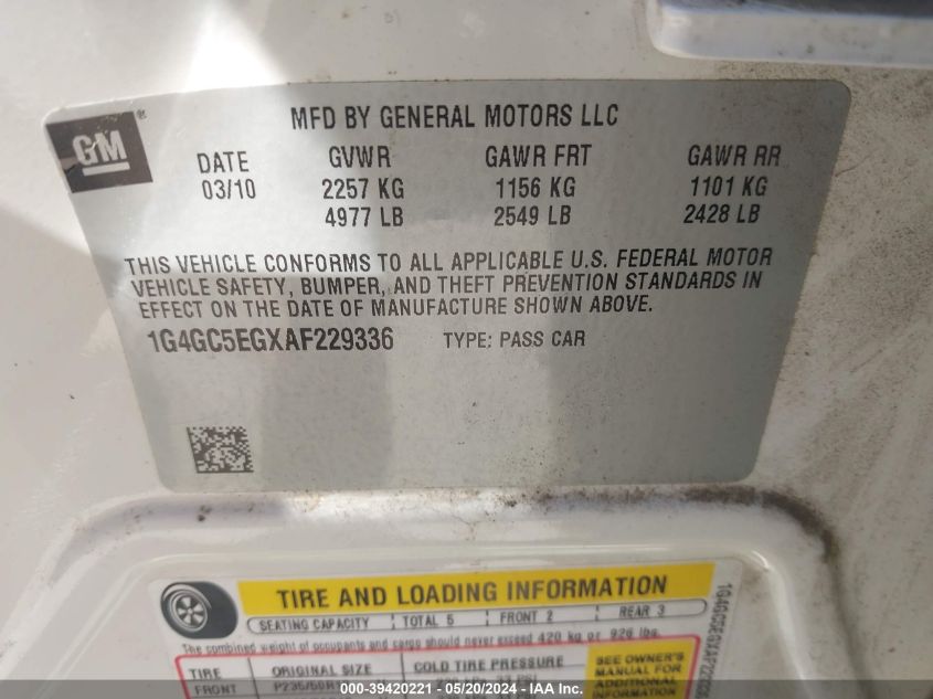 2010 Buick Lacrosse Cxl VIN: 1G4GC5EGXAF229336 Lot: 39420221