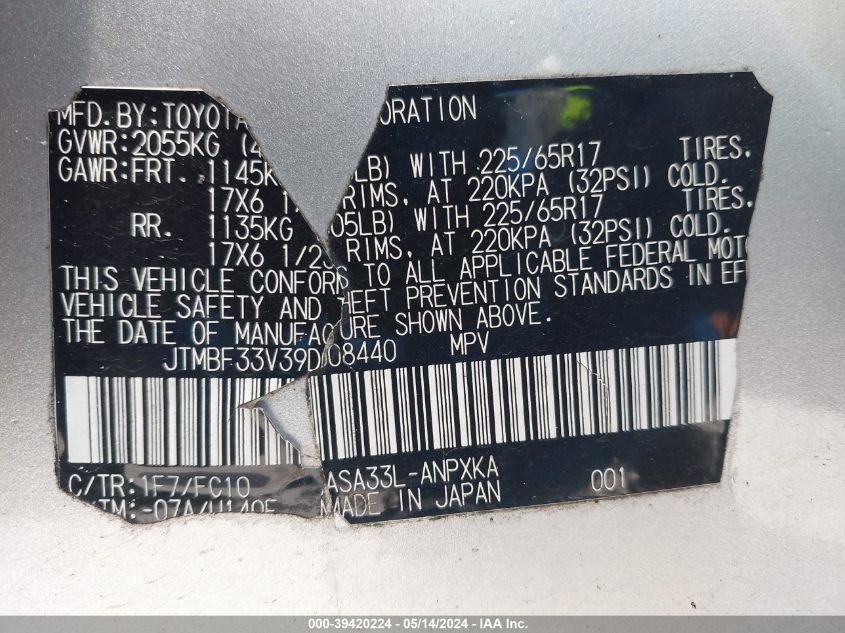 2009 Toyota Rav4 VIN: JTMBF33V39D008440 Lot: 39420224