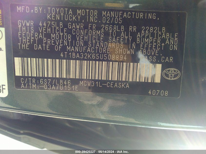 2005 Toyota Camry Se V6 VIN: 4T1BA32K65U508894 Lot: 39420227