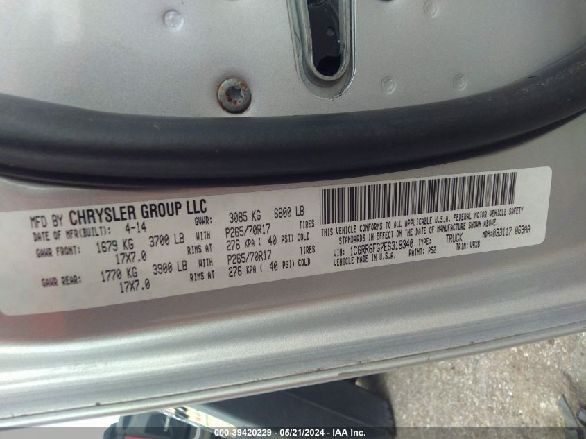 2014 Ram 1500 Tradesman VIN: 1C6RR6FG7ES319340 Lot: 39420229