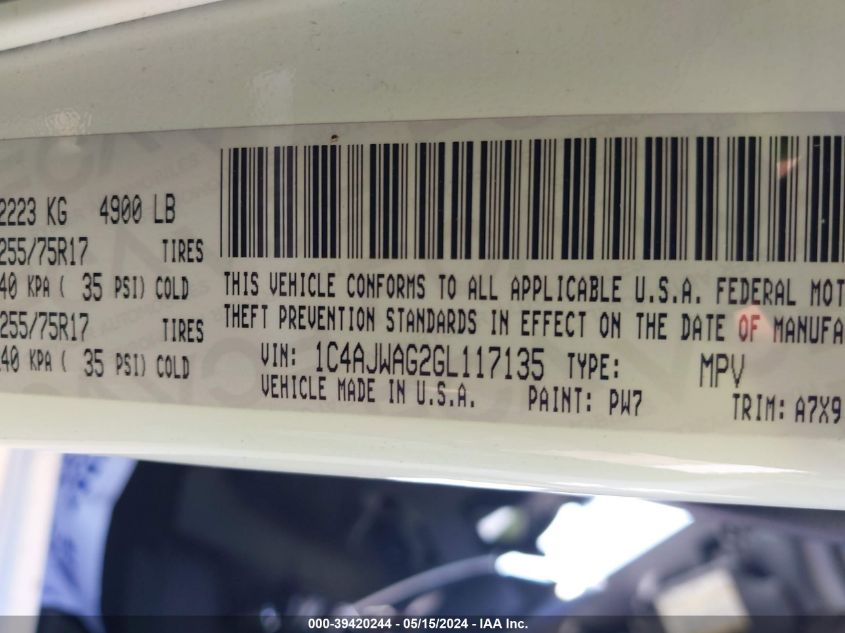 2016 Jeep Wrangler Sport VIN: 1C4AJWAG2GL117135 Lot: 39420244