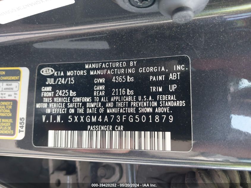 2015 Kia Optima Lx VIN: 5XXGM4A73FG501879 Lot: 39420252