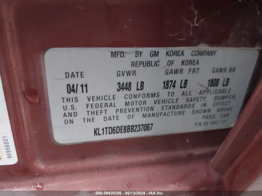 2011 Chevrolet Aveo 1Lt VIN: KL1TD6DE8BB237067 Lot: 39420256