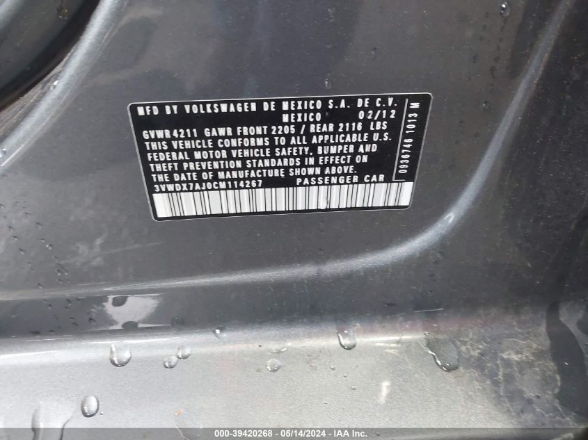 2012 Volkswagen Jetta 2.5L Se VIN: 3VWDX7AJ0CM114267 Lot: 39420268