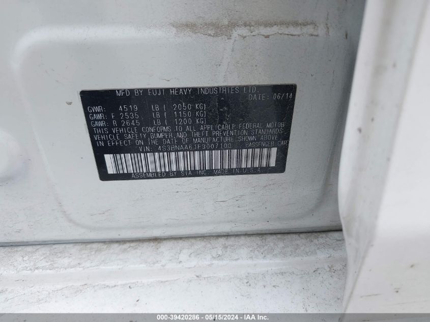 2015 Subaru Legacy 2.5I VIN: 4S3BNAA61F3007100 Lot: 39420286