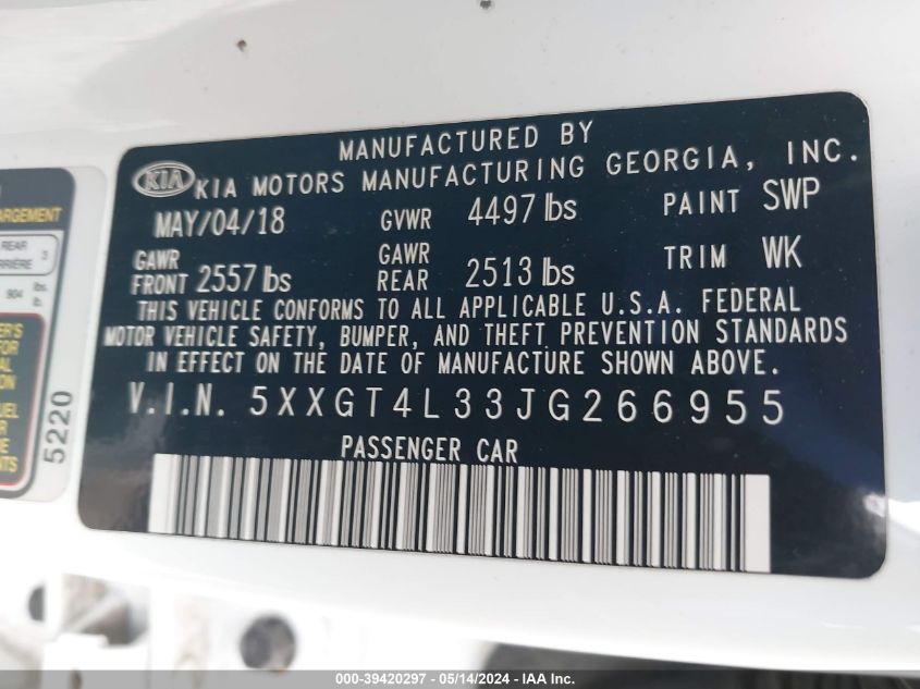 2018 Kia Optima Lx VIN: 5XXGT4L33JG266955 Lot: 39420297