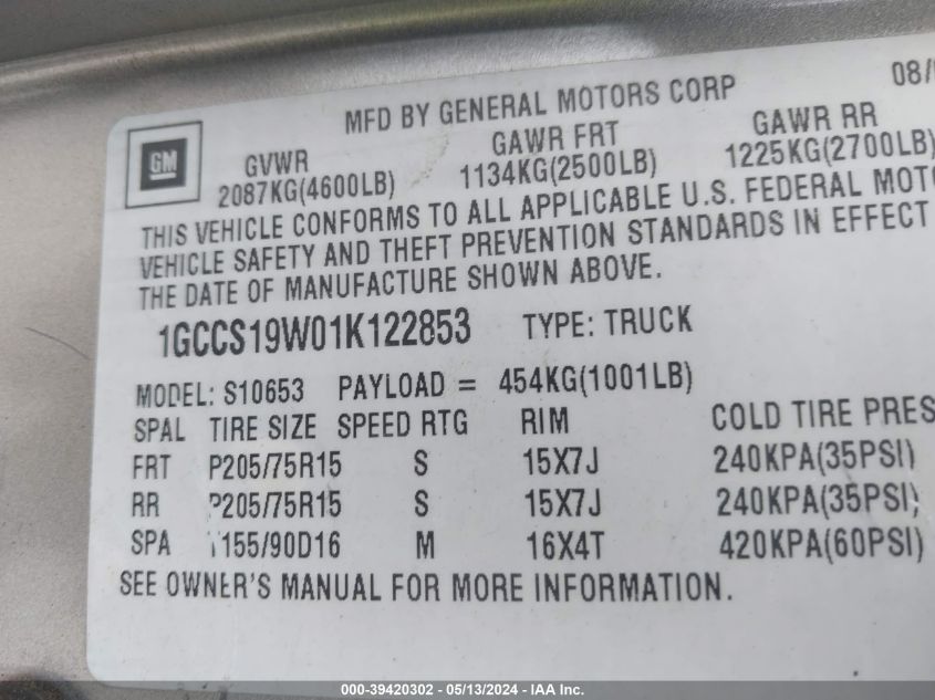 2001 Chevrolet S-10 Ls VIN: 1GCCS19W01K122853 Lot: 39420302