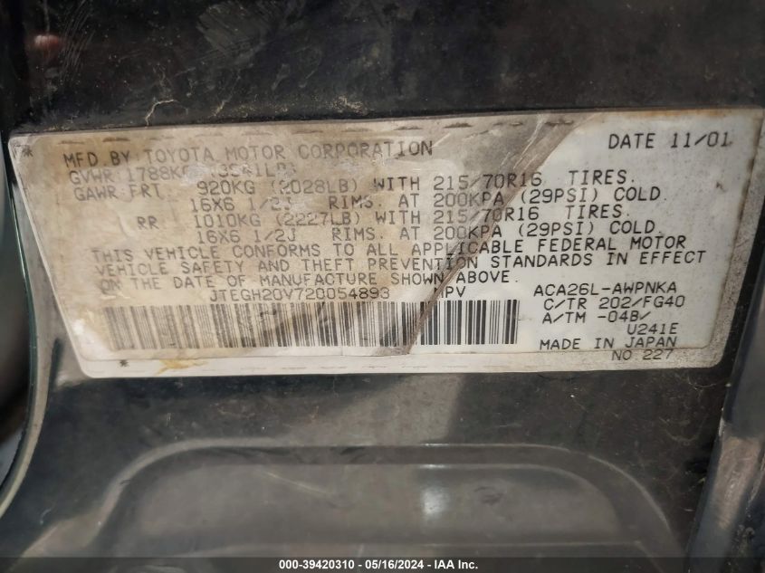 2002 Toyota Rav4 VIN: JTEGH20V720054893 Lot: 39420310