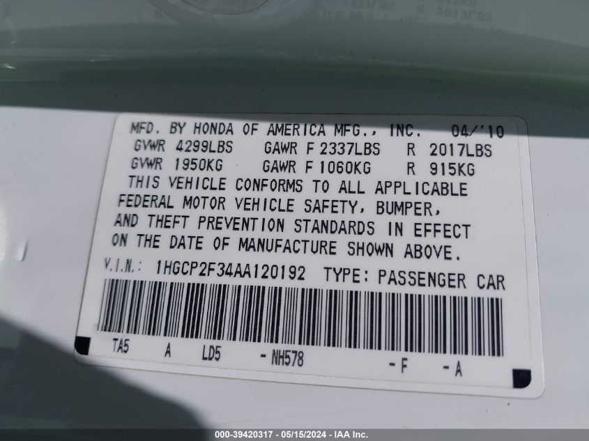 2010 Honda Accord 2.4 Lx VIN: 1HGCP2F34AA120192 Lot: 39420317