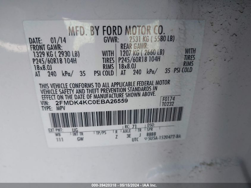 2014 Ford Edge Limited VIN: 2FMDK4KC0EBA26559 Lot: 39420318