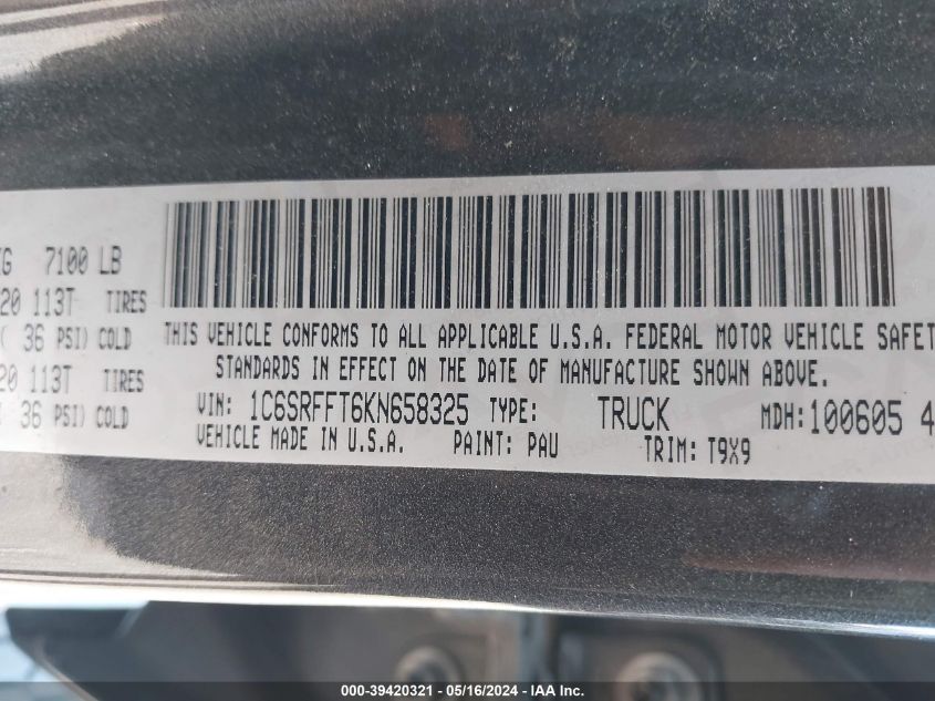 2019 Ram 1500 Big Horn/Lone Star VIN: 1C6SRFFT6KN658325 Lot: 39420321