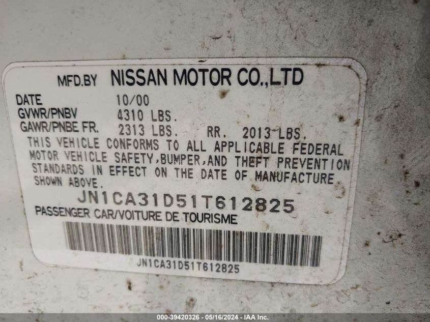 2001 Nissan Maxima Gle VIN: JN1CA31D51T612825 Lot: 39420326