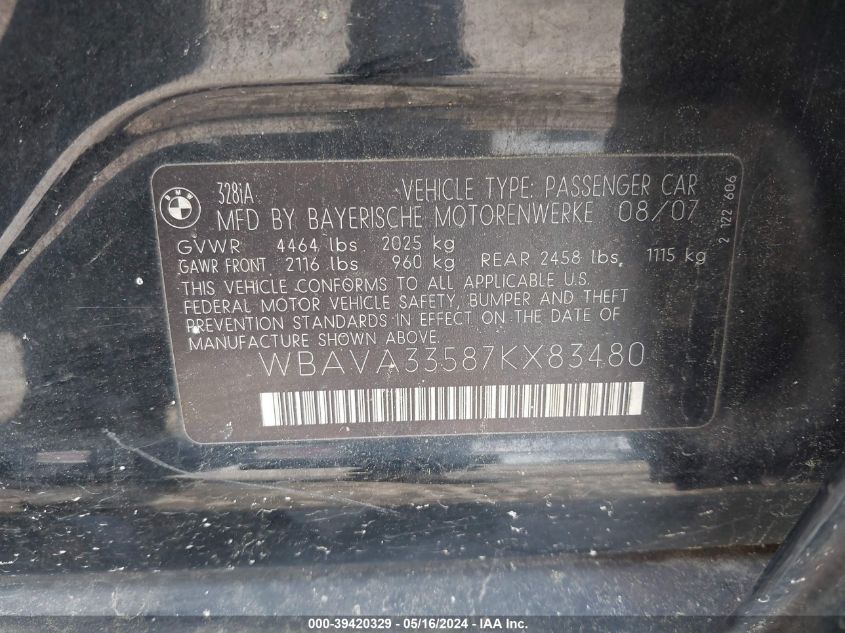 2007 BMW 328I VIN: WBAVA33587KX83480 Lot: 39420329