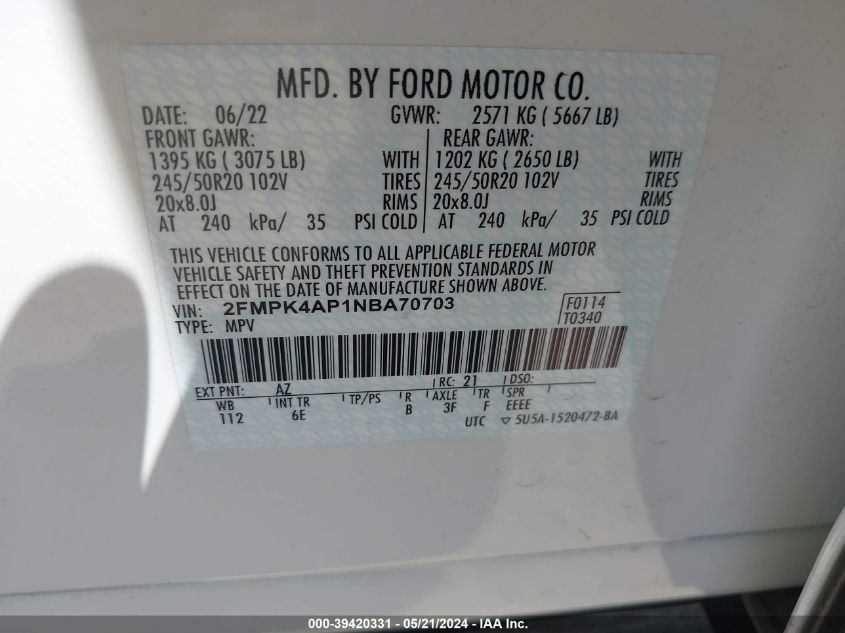 2022 Ford Edge St VIN: 2FMPK4AP1NBA70703 Lot: 39420331