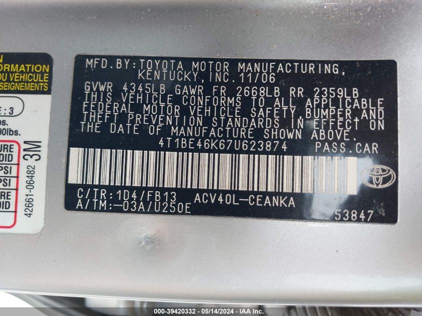 2007 Toyota Camry Le VIN: 4T1BE46K67U62387 Lot: 39420332