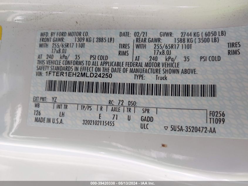 2021 Ford Ranger Xl VIN: 1FTER1EH2MLD24250 Lot: 39420338