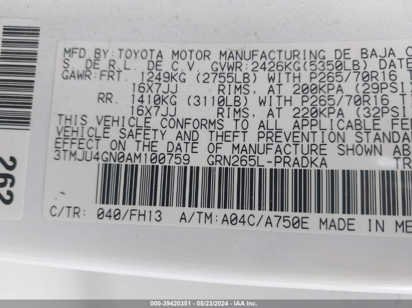 2010 Toyota Tacoma Prerunner V6 VIN: 3TMJU4GN0AM100759 Lot: 39420351