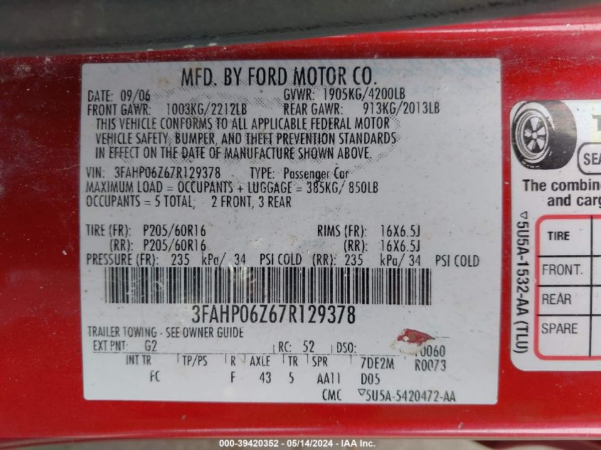 2007 Ford Fusion S VIN: 3FAHP06Z67R129378 Lot: 39420352