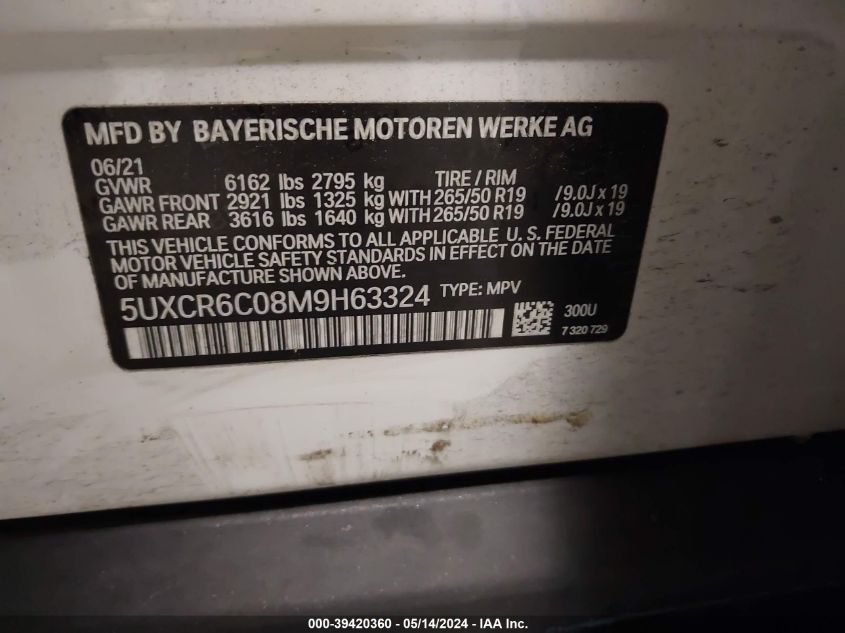 2021 BMW X5 xDrive40I VIN: 5UXCR6C08M9H63324 Lot: 39420360