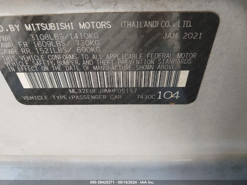 2021 Mitsubishi Mirage G4 Carbonite Edition/Es/Le VIN: ML32FUFJ9MHF05157 Lot: 39420371