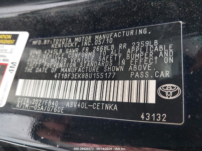 4T1BF3EK8BU155177 | 2011 TOYOTA CAMRY