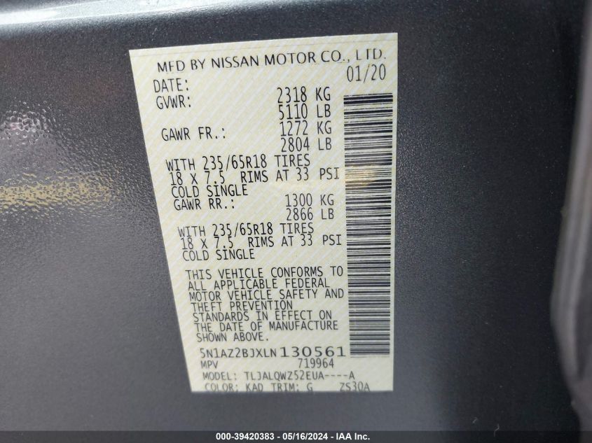 2020 Nissan Murano Sv Fwd VIN: 5N1AZ2BJXLN130561 Lot: 39420383