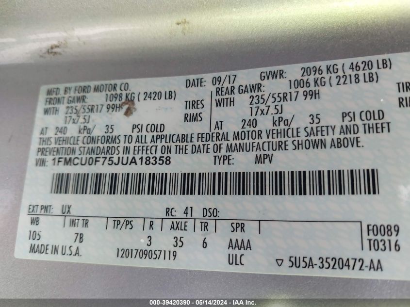 2018 Ford Escape S VIN: 1FMCU0F75JUA18358 Lot: 39420390