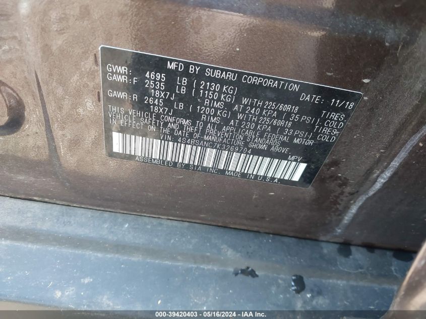 2019 Subaru Outback 2.5I Limited VIN: 4S4BSANC7K3269704 Lot: 39420403