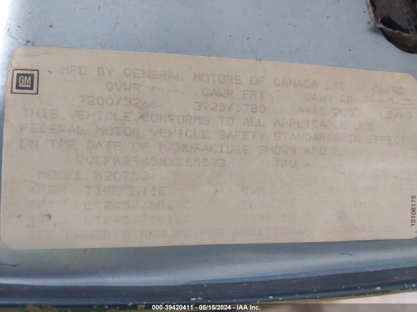 1992 Chevrolet Gmt-400 K2500 VIN: 2GCFK29K5N1265593 Lot: 39420411