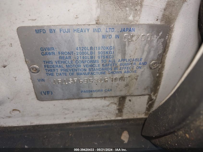 2001 Subaru Forester L VIN: JF1SF63581G700039 Lot: 39420433