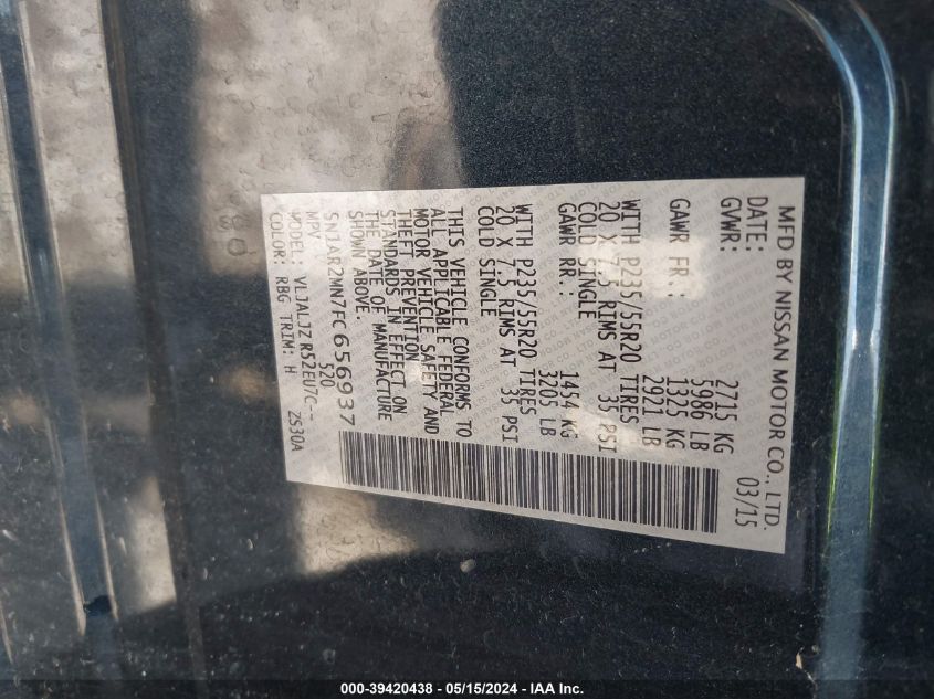 2015 Nissan Pathfinder Platinum VIN: 5N1AR2MN7FC656937 Lot: 39420438