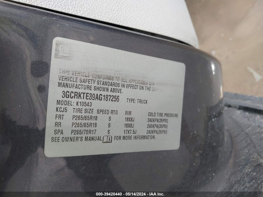2010 Chevrolet Silverado K1500 Ltz VIN: 3GCRKTE39AG187256 Lot: 39420440