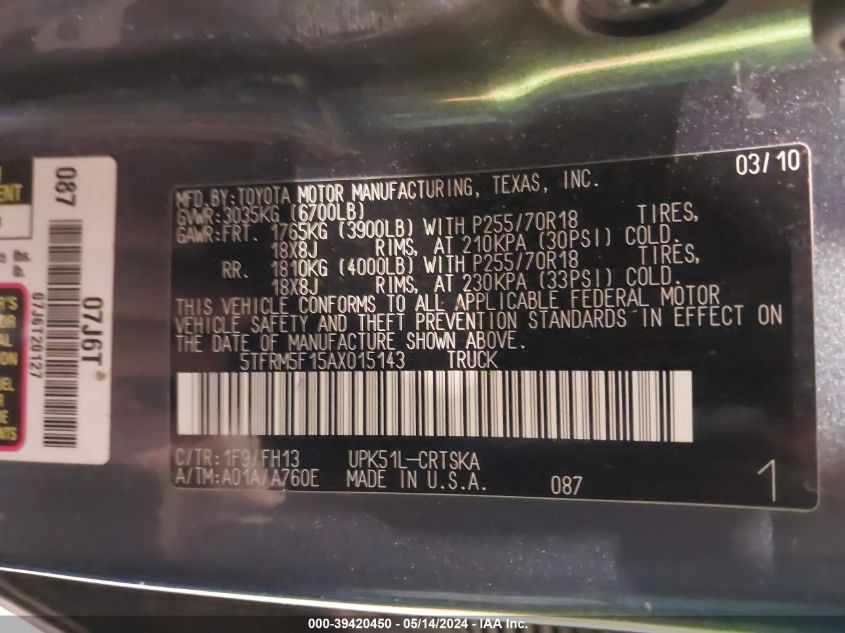 2010 Toyota Tundra Grade 4.6L V8 VIN: 5TFRM5F15AX015143 Lot: 39420450