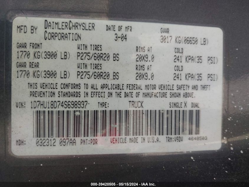 2004 Dodge Ram 1500 Slt/Laramie VIN: 1D7HU18D74S698997 Lot: 39420505