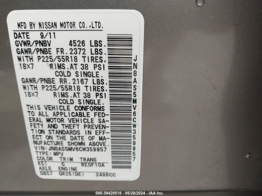 2012 Nissan Rogue Sv W/Sl Pkg VIN: JN8AS5MV6CW359957 Lot: 39420518