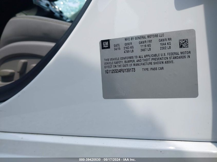 2015 Chevrolet Impala 2Lt VIN: 1G1125S34FU139173 Lot: 39420530