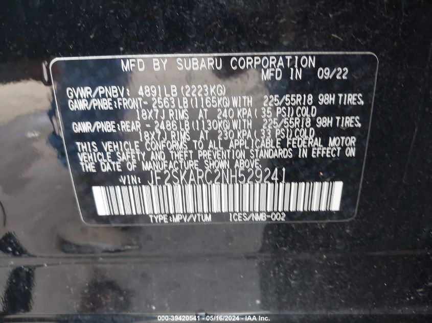 2022 Subaru Forester Touring VIN: JF2SKARC2NH529241 Lot: 39420541