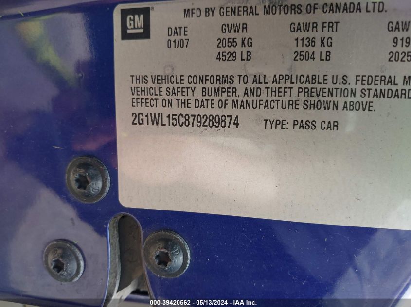 2007 Chevrolet Monte Carlo Ss VIN: 2G1WL15C879289874 Lot: 39420562