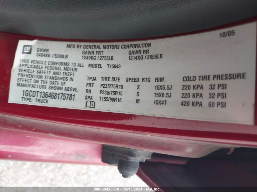 2006 Chevrolet Colorado Lt VIN: 1GCDT136468175781 Lot: 39420570