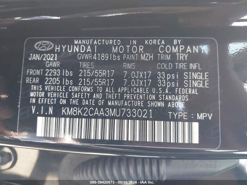 2021 Hyundai Kona Sel VIN: KM8K2CAA3MU733021 Lot: 39420573