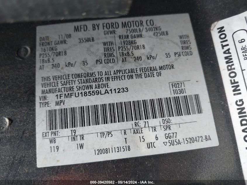 2009 Ford Expedition Eddie Bauer/King Ranch VIN: 1FMFU18559LA11233 Lot: 39420582